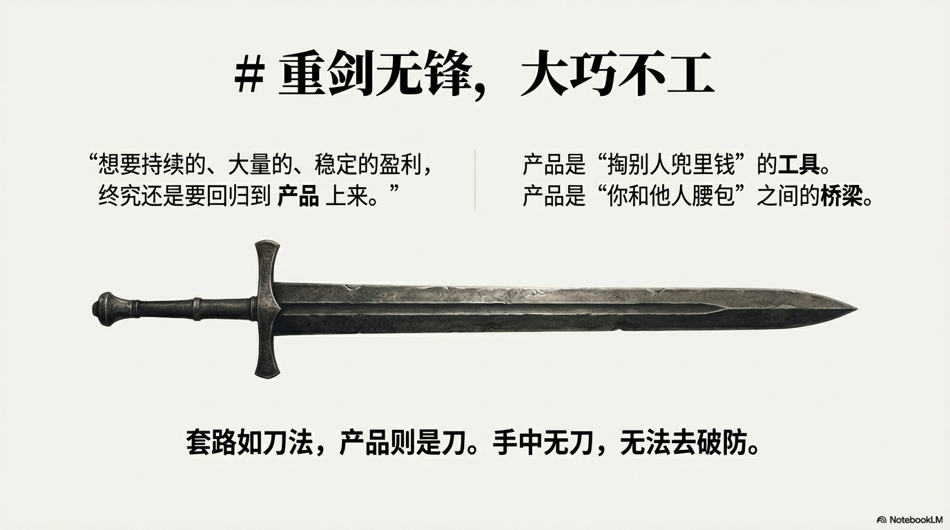 强调产品的重要性，称之为"重剑无锋"，是实现持续稳定盈利的核心工具。